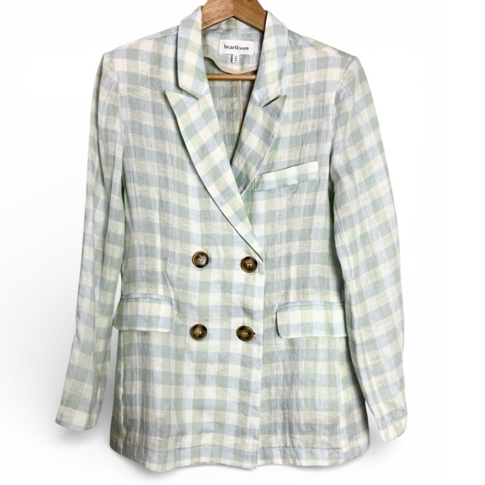 Heartloom 100% Linen Sage Plaid Blazer Double Breasted Unlined • Size S